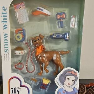 New This eleven-piece set includes a poseable dog action figure and various acce